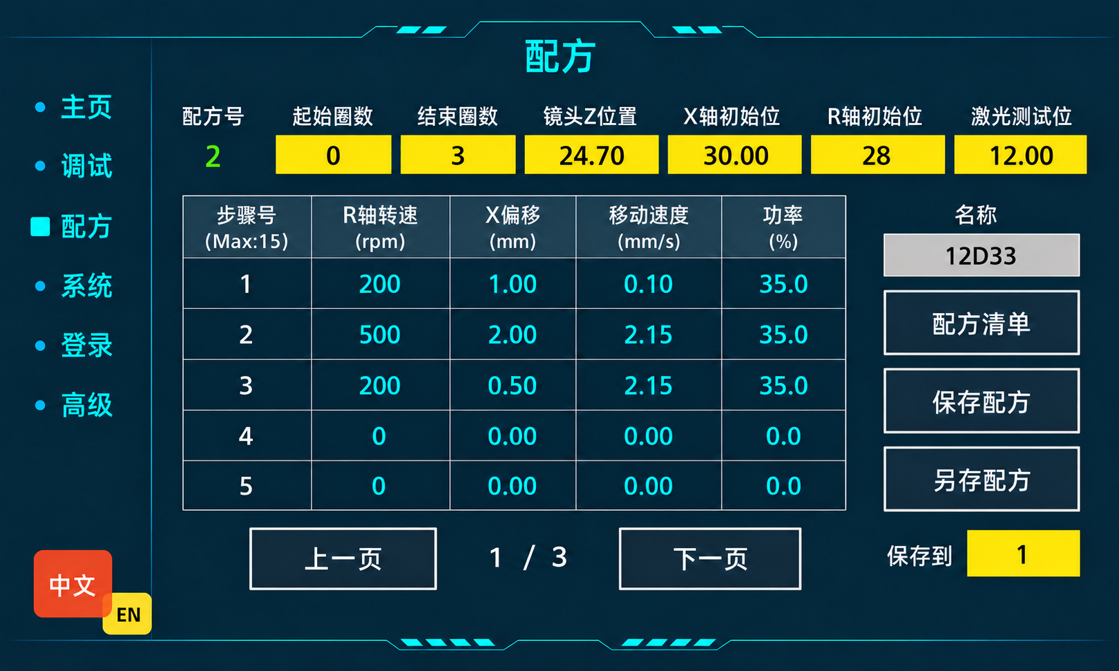 Full recipe editor after loading recipe 2, showing steps 1–5 on page 1 of 3.