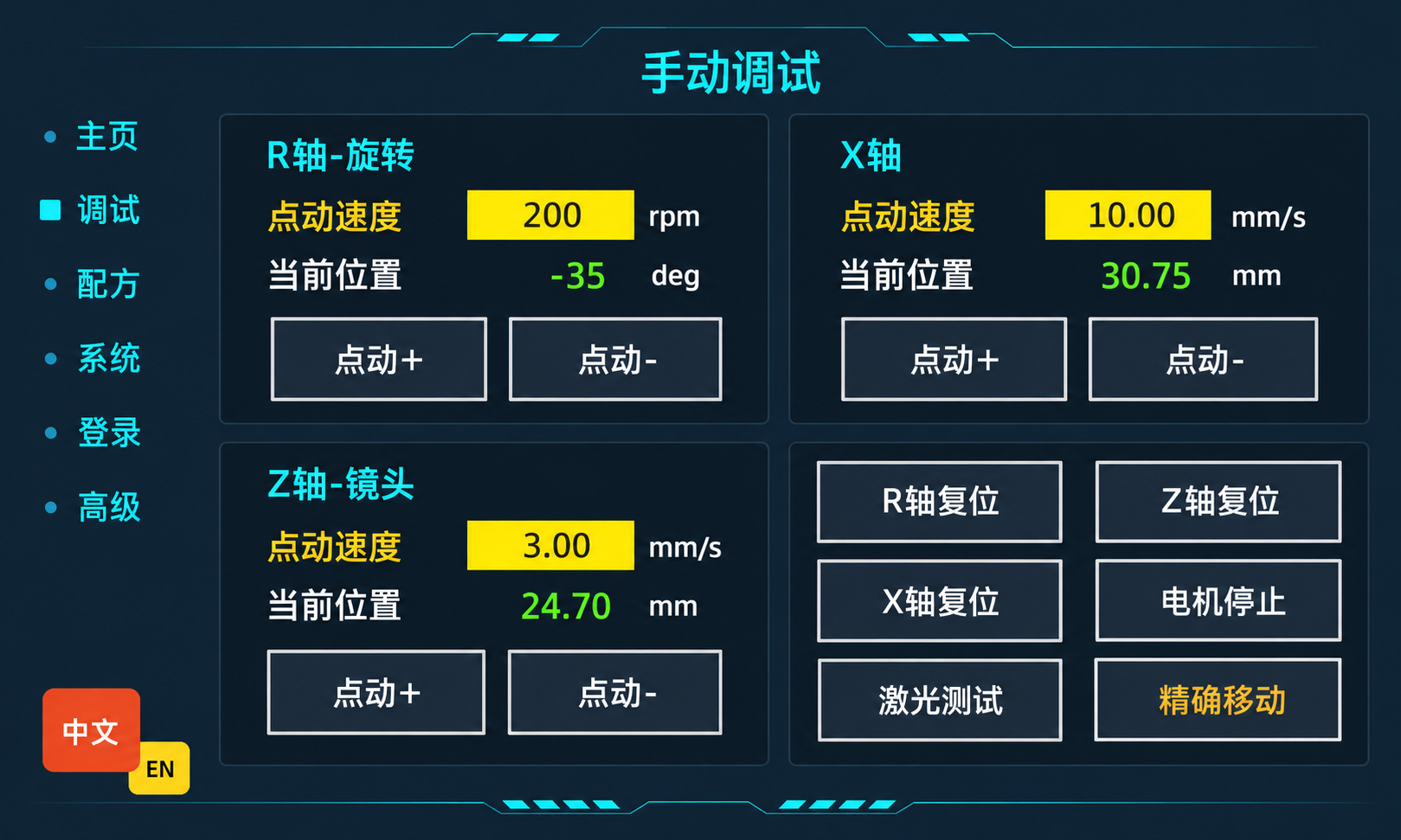 Manual control screen for R-, X- and Z-axis jogging.
