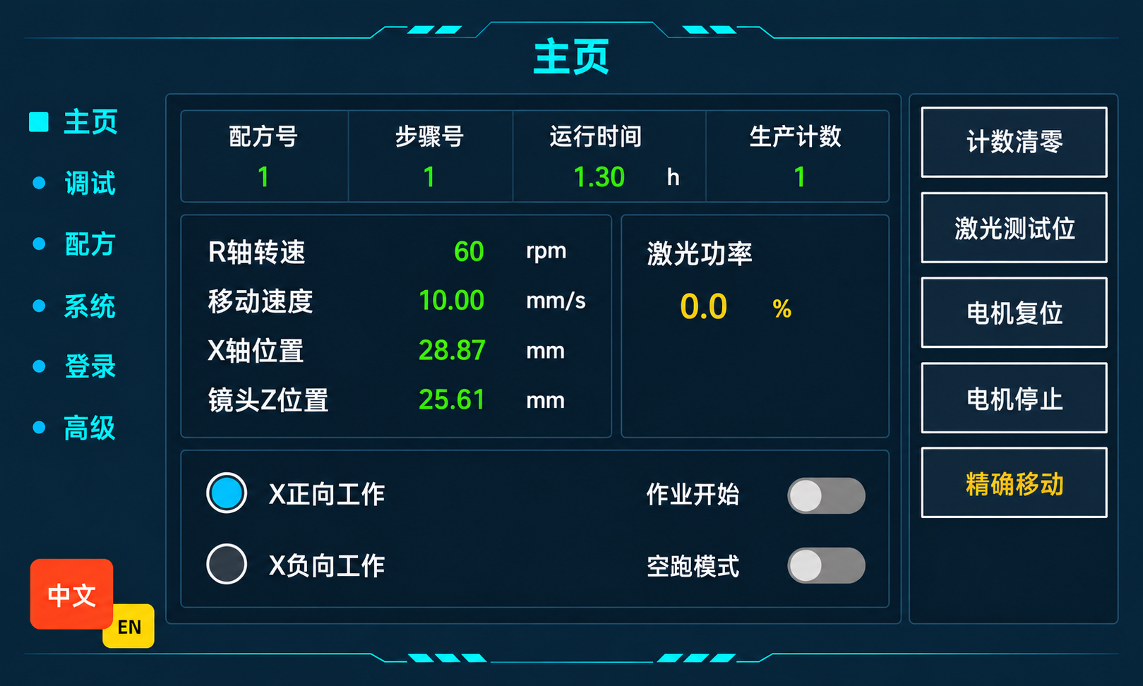 Home-screen readbacks during the demonstrated motor-reset sequence.