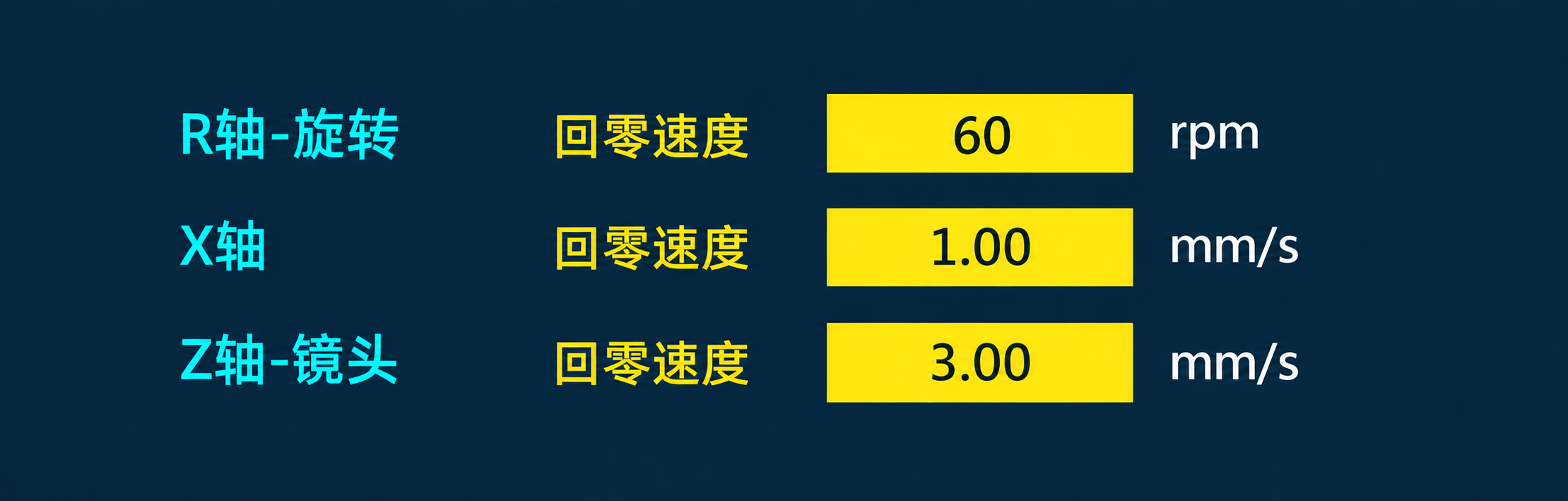 System homing-speed settings for the R, X and lens Z axes.